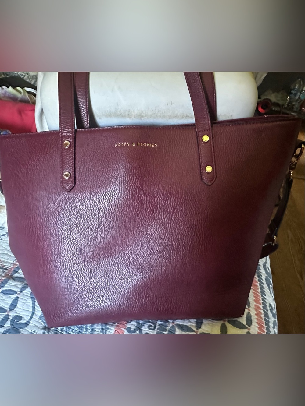 Poppy & Peonies Wine Red Leather Tote with Gold Accents